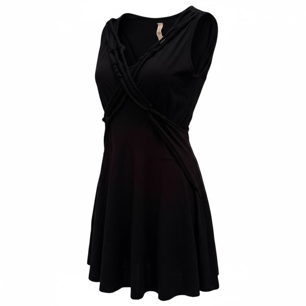 Anthropologie Bailey 44‎ Vintage Y2K Black Jersey Wrap Rope Boho Mini Dress Moto